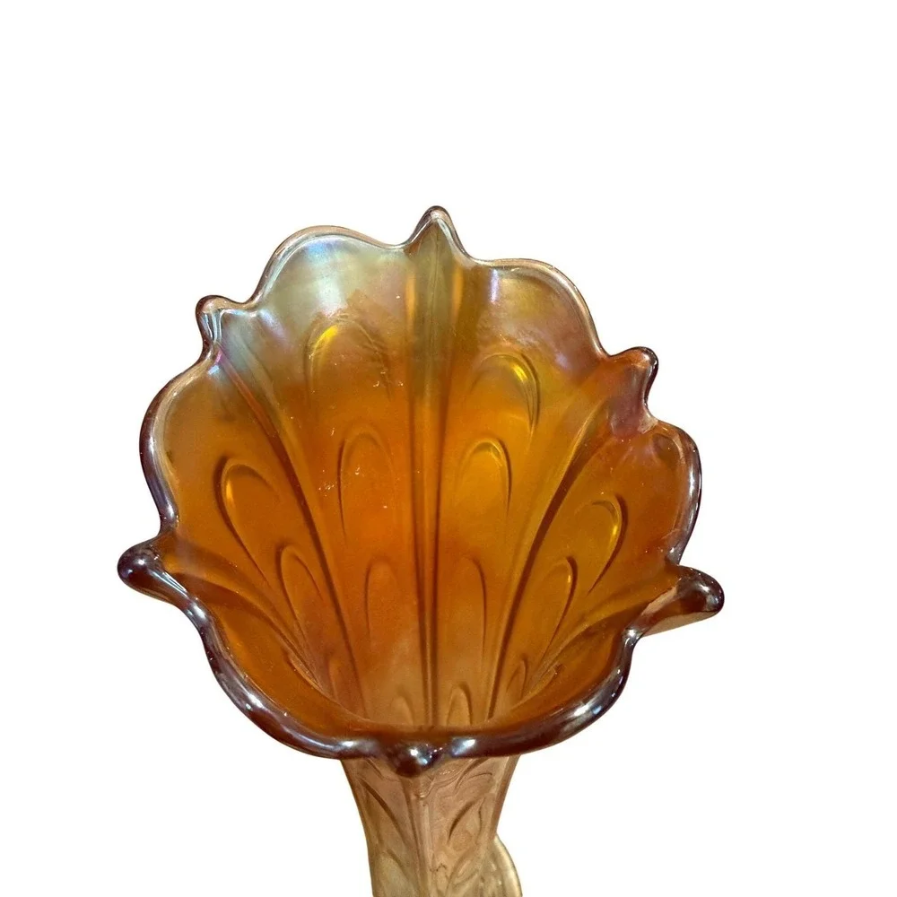 Vintage Amber Carnival Glass Trumpet Vase Iridescent Tall Floral